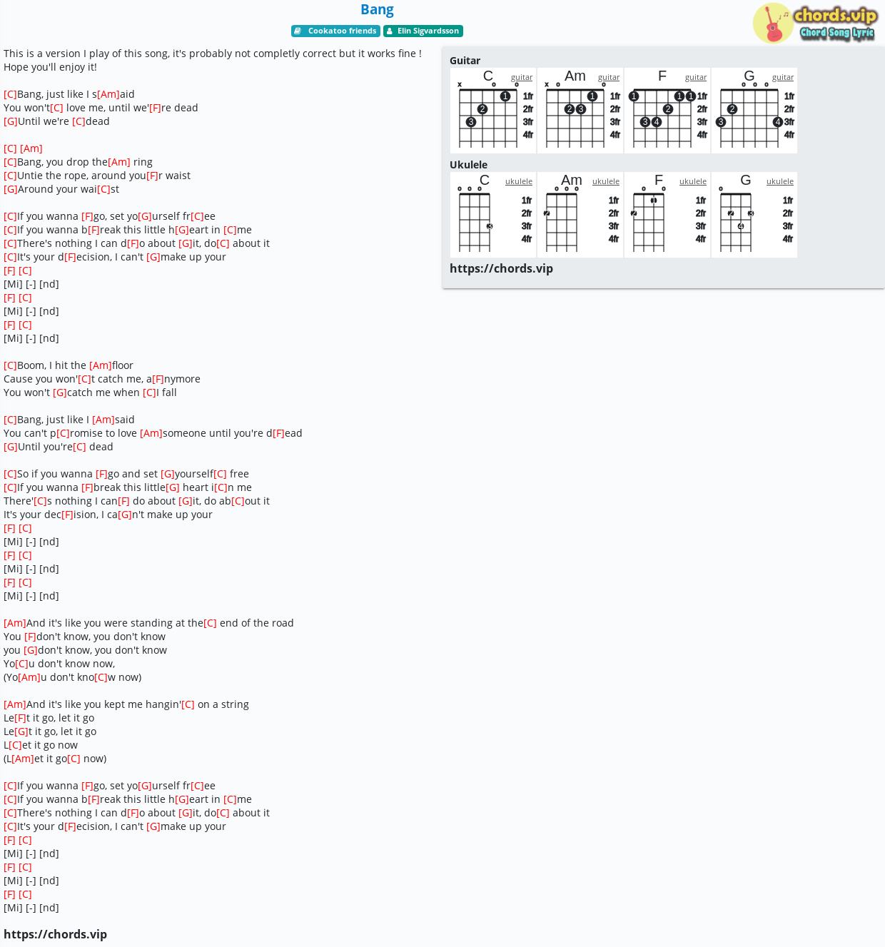 Chord Bang Elin Sigvardsson Tab Song Lyric Sheet Guitar Ukulele Chords Vip