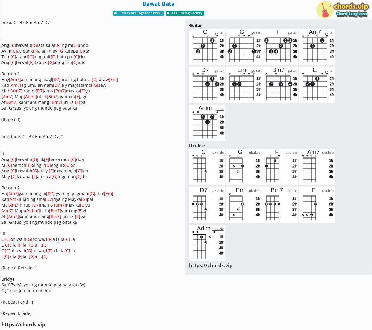 Chord: Bawat Bata - APO Hiking Society - tab, song lyric, sheet, guitar