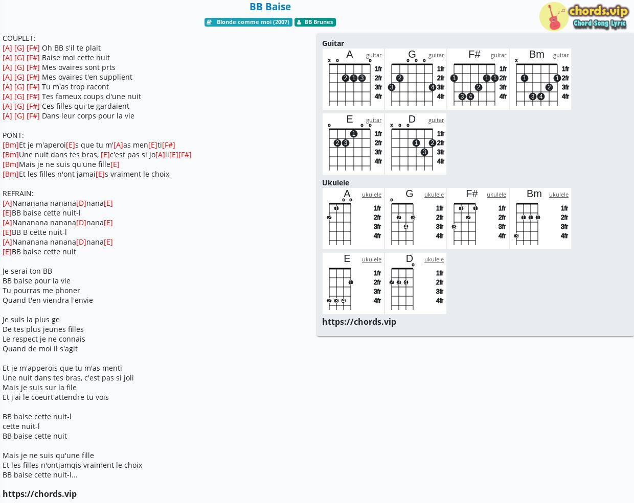 Chord Baise Brunes Tab Song Lyric Sheet Guitar Ukulele Chords Vip