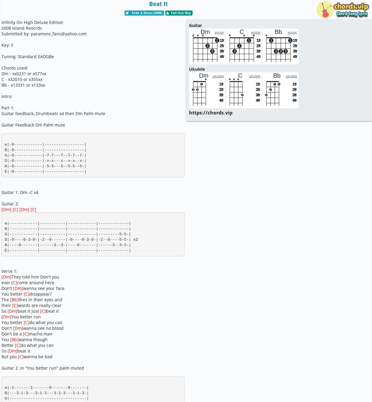 Chord Beat It Fall Out Boy Tab Song Lyric Sheet Guitar Ukulele Chords Vip