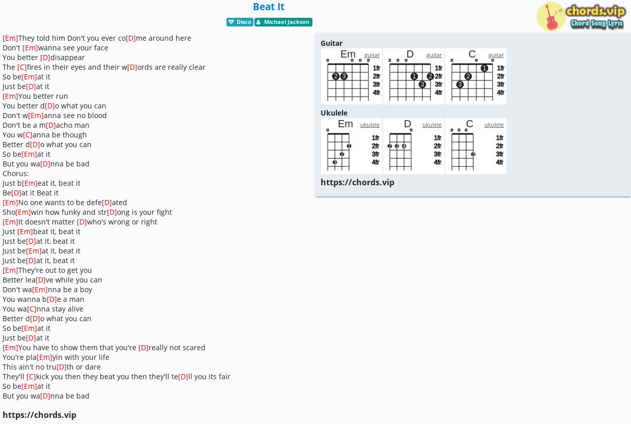 Chord Beat It Michael Jackson Tab Song Lyric Sheet Guitar Ukulele Chords Vip