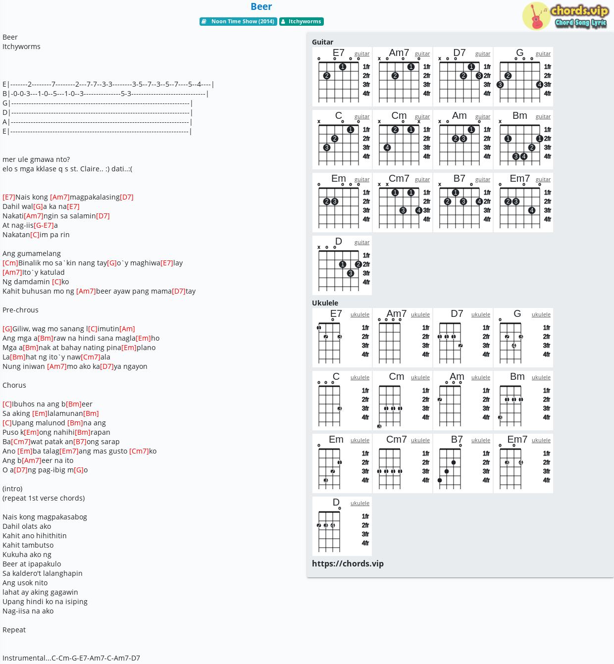 Chord: Beer - tab, song lyric, sheet, guitar, ukulele | chords.vip