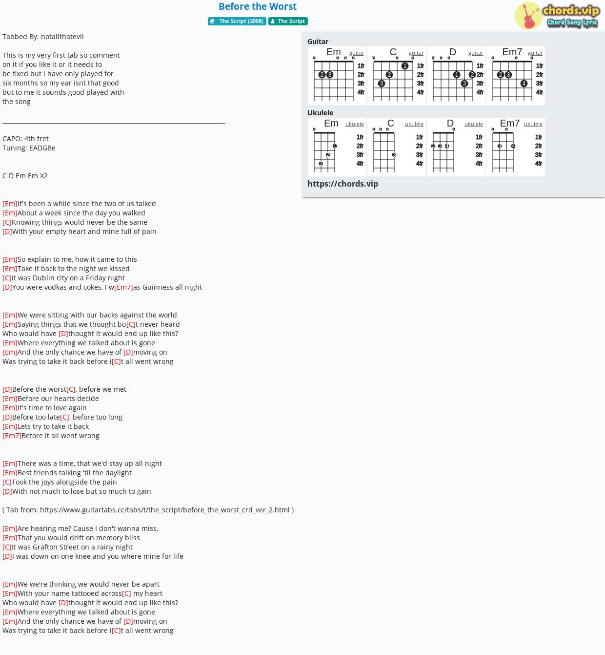 Chord Before The Worst The Script Tab Song Lyric Sheet Guitar Ukulele Chords Vip