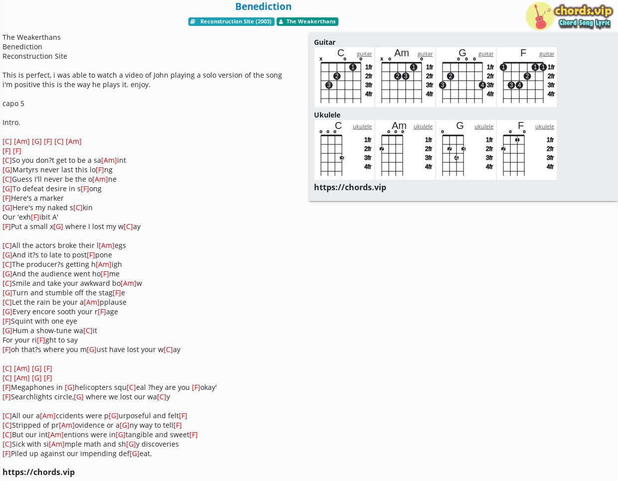 Chord Benediction The Weakerthans Tab Song Lyric Sheet Guitar Ukulele Chords Vip