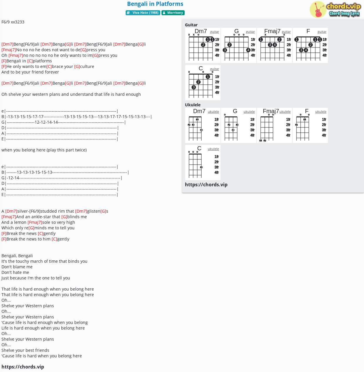 Chord Bengali in Platforms Morrissey tab, song lyric, sheet