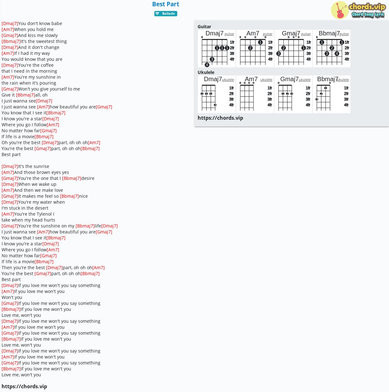 Chord: Best Part - Daniel Wilson,Jordan DC Evans,Matthew Burnett,Riley Ian Bell - tab, song lyric, sheet, guitar, ukulele | chords .vip