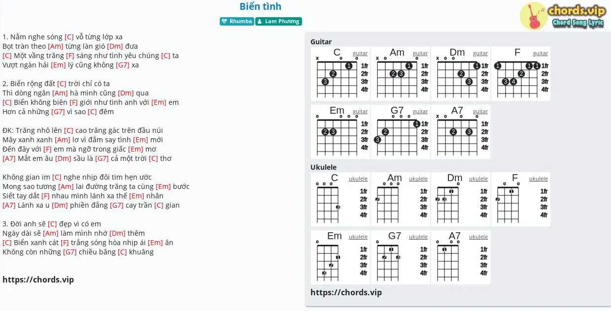 Hợp âm: Biển tình - Lam Phương - cảm âm, tab guitar, ukulele - lời bài hát | chords.vip