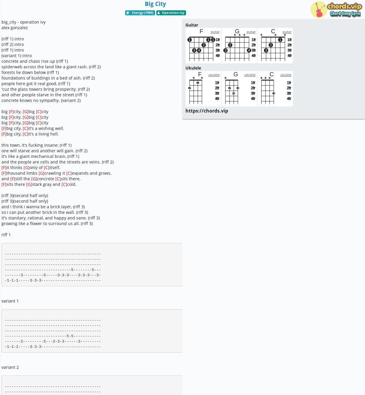 Chord Big City Operation Ivy Tab Song Lyric Sheet Guitar Ukulele Chords Vip