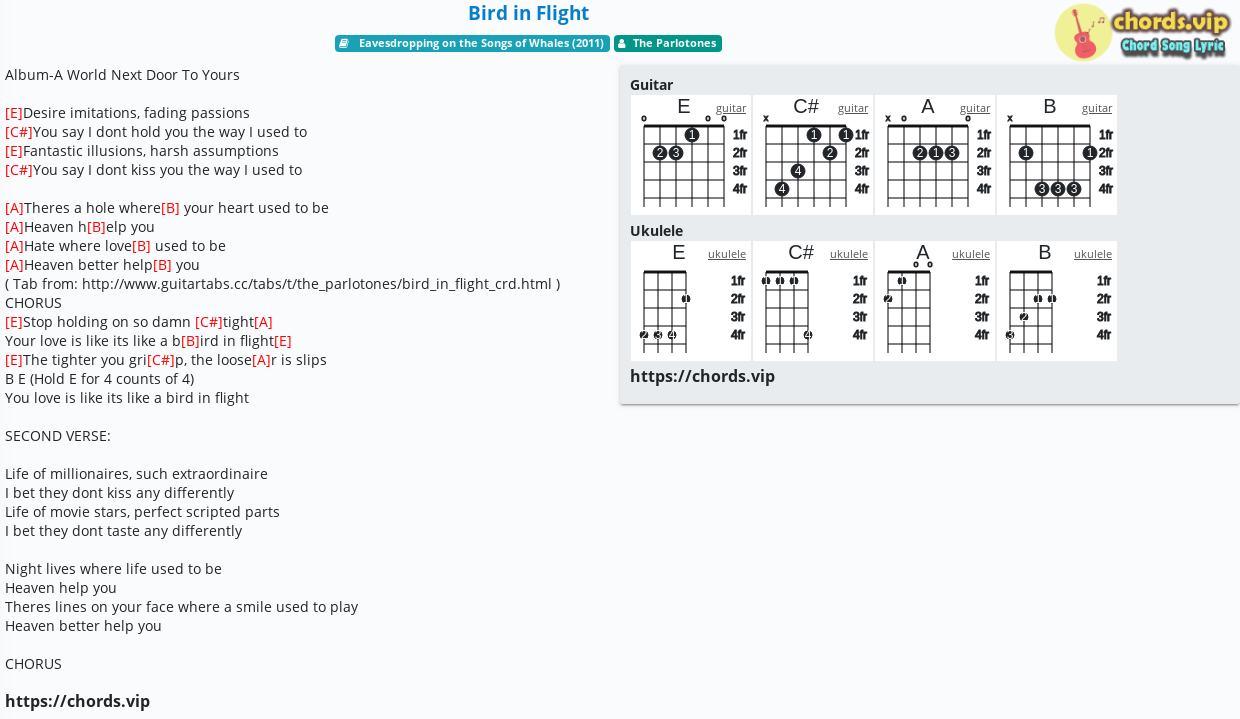 Chord Bird In Flight The Parlotones Tab Song Lyric Sheet Guitar Ukulele Chords Vip