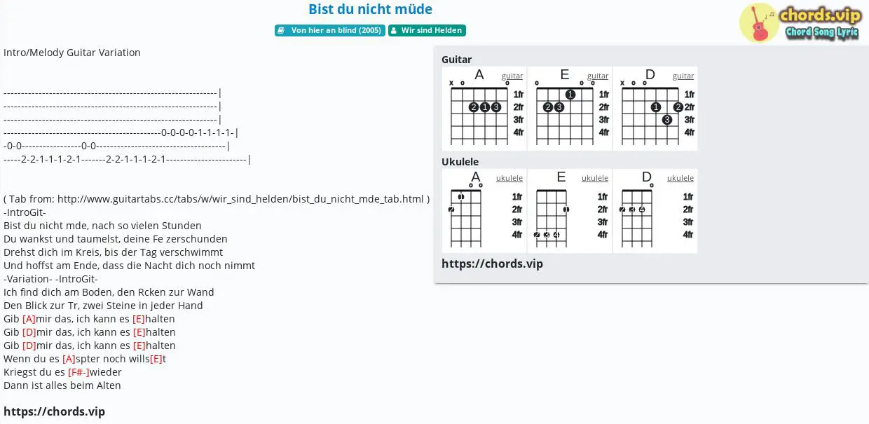 Chord Bist Du Nicht Müde Wir Sind Helden Tab Song Lyric Sheet Guitar Ukulele Chords Vip