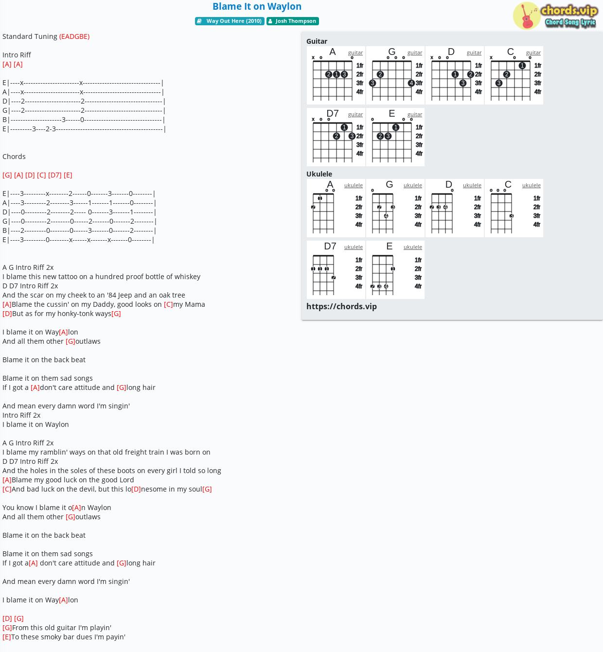 Chord Blame It on Waylon Josh Thompson tab, song lyric, sheet