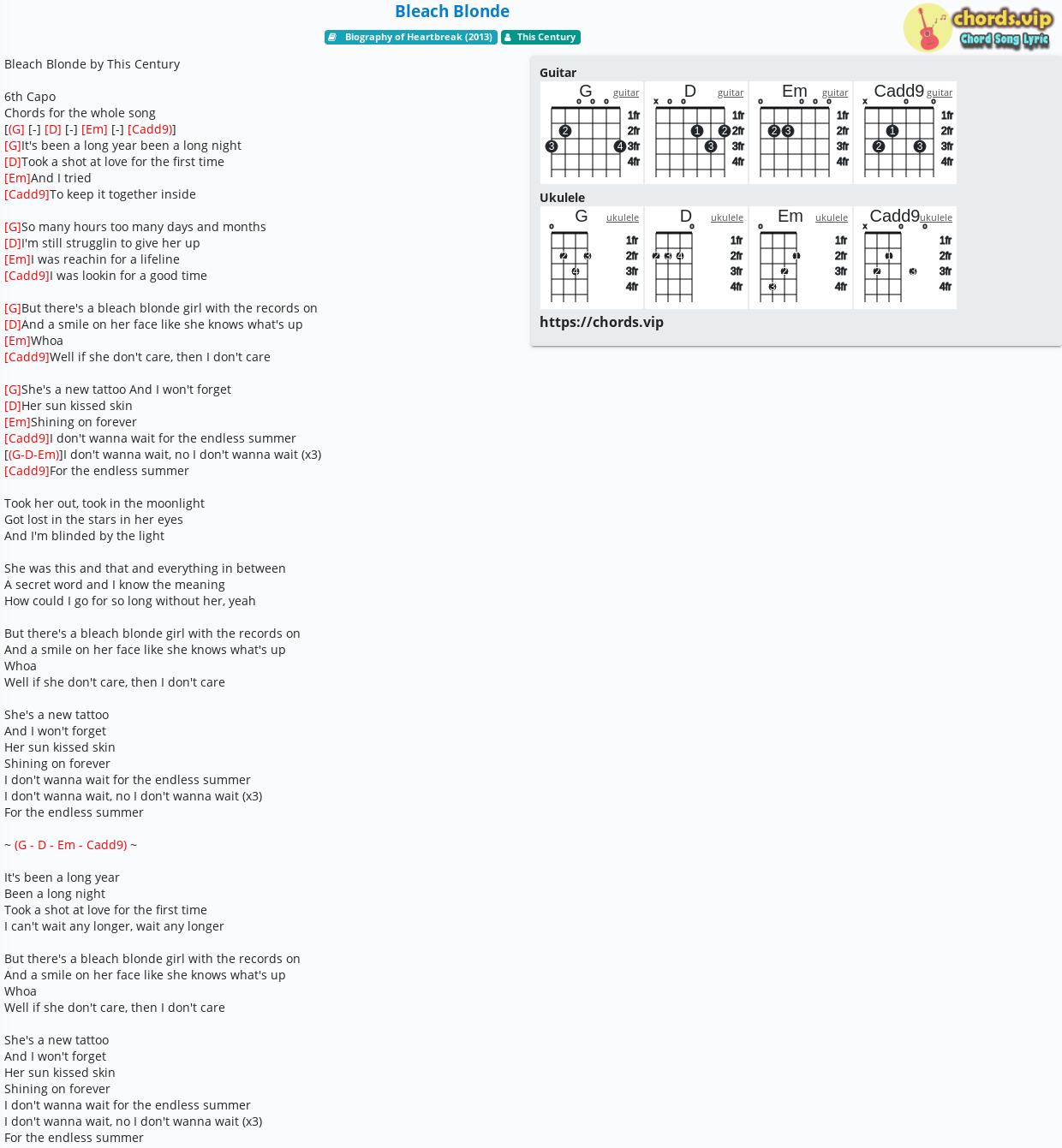 Chord Bleach Blonde This Century Tab Song Lyric Sheet Guitar Ukulele Chords Vip