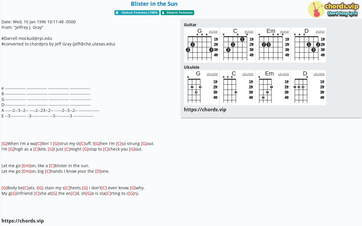 Chord Blister In The Sun Violent Femmes Tab Song Lyric Sheet Guitar Ukulele Chords Vip