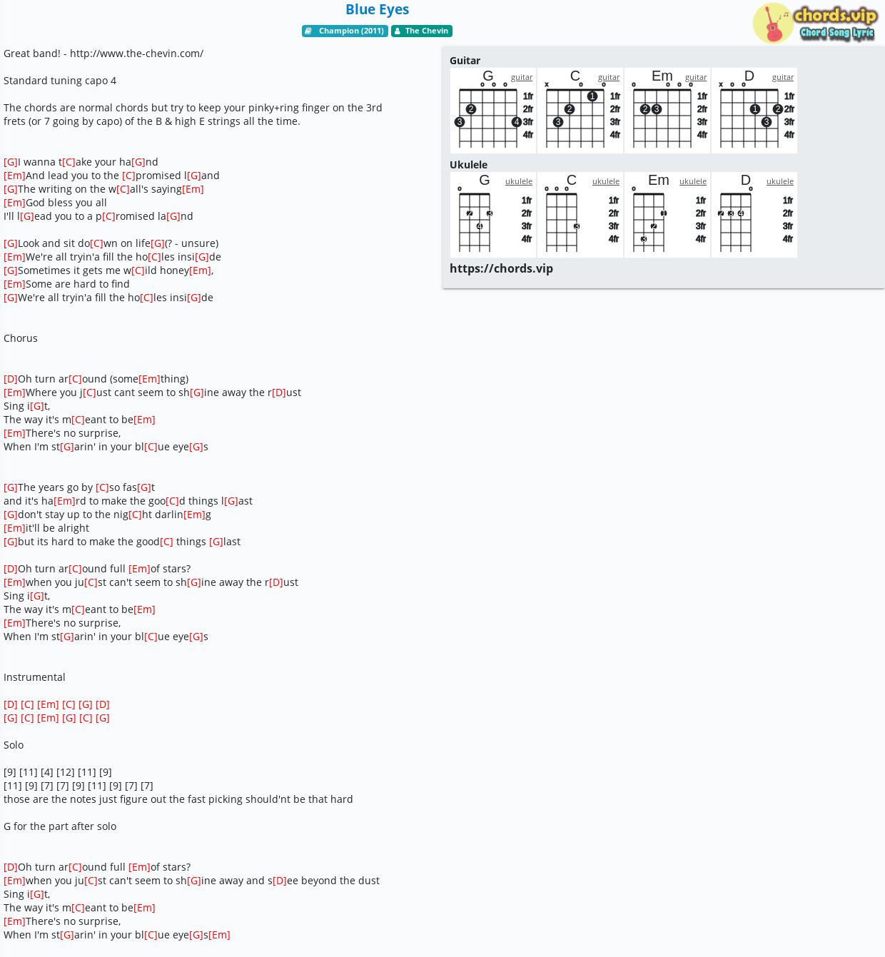 Chord Blue Eyes The Chevin Tab Song Lyric Sheet Guitar Ukulele Chords Vip