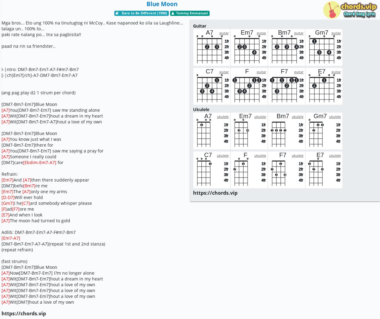 Chord: Blue Moon - tab, song lyric, sheet, guitar, ukulele | chords.vip