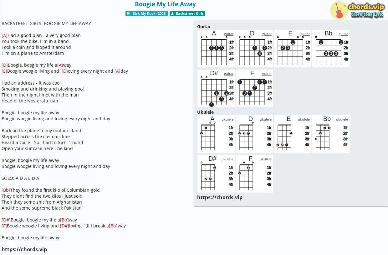 Chord Boogie My Life Away tab, song lyric, sheet, guitar, ukulele chords.vip