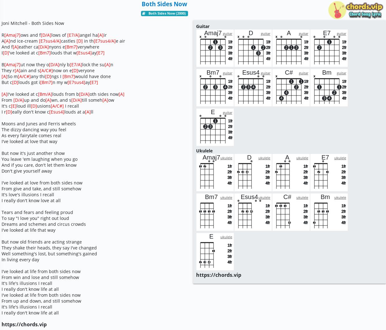 Chord Both Sides Now Joni Mitchell Judy Collins Tab Song Lyric Sheet Guitar Ukulele Chords Vip