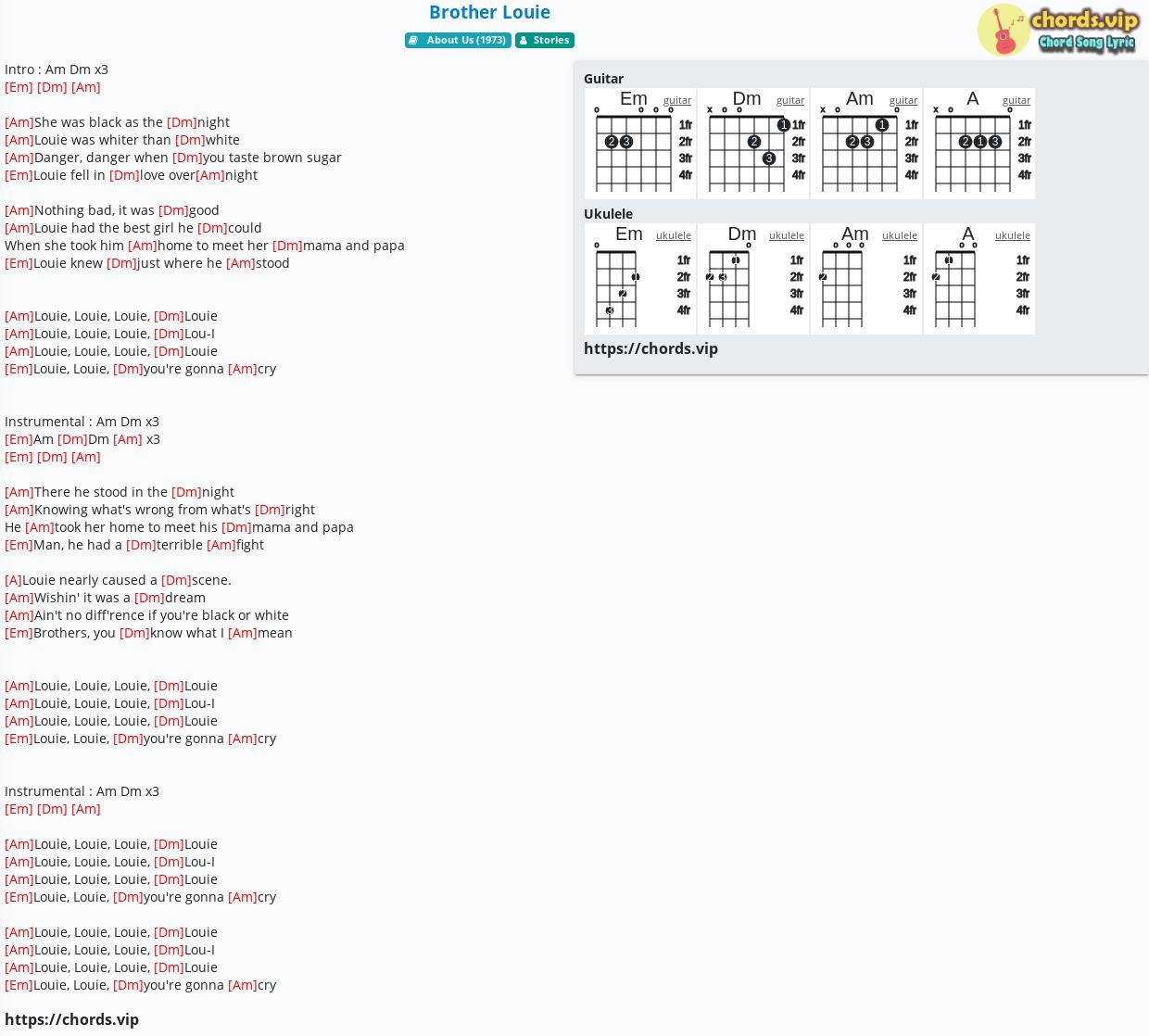 Chord: Brother Louie - Hot Chocolate,Stories - tab, song lyric, sheet