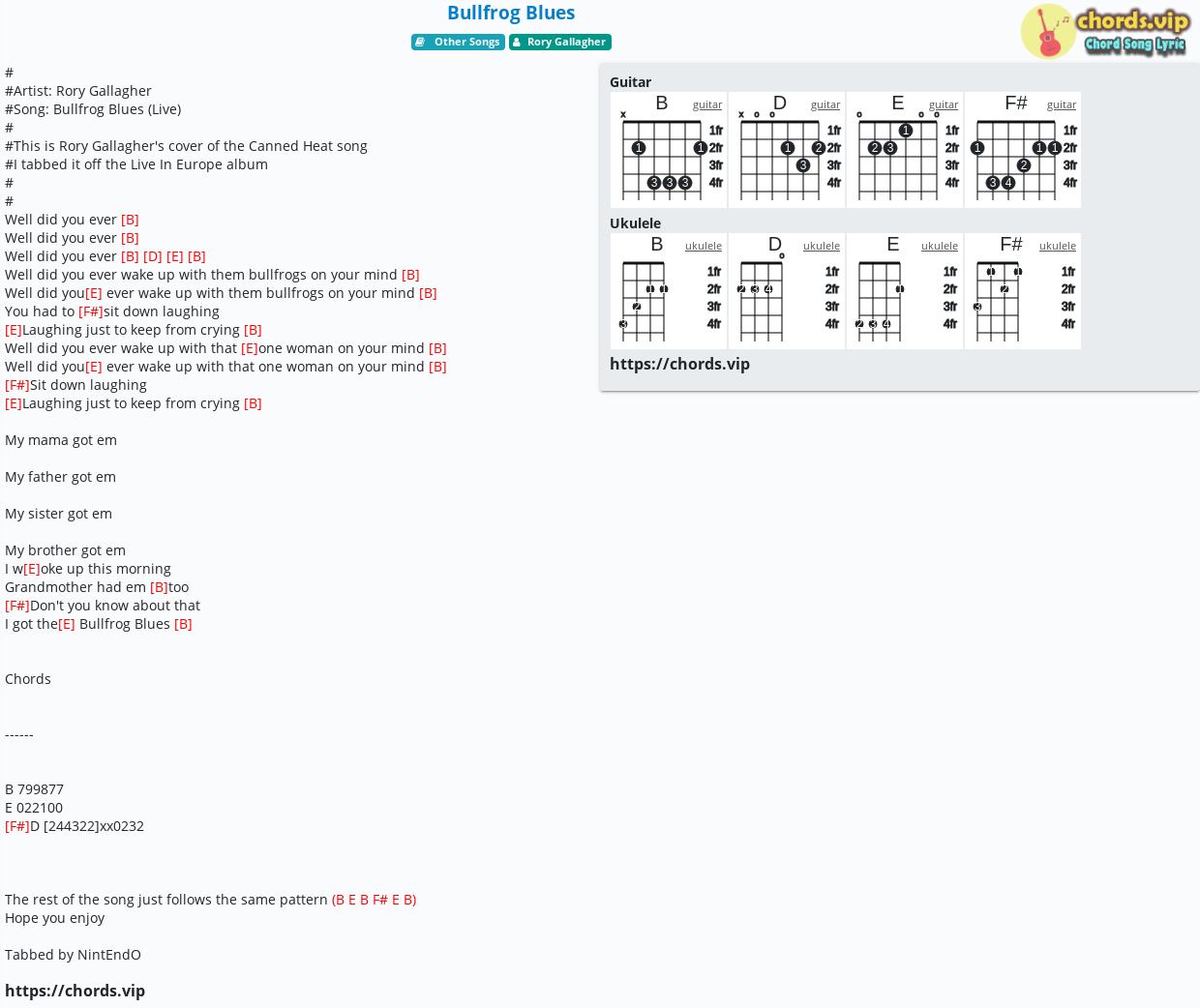 Chord: Bullfrog Blues - tab, song lyric, sheet, guitar, ukulele