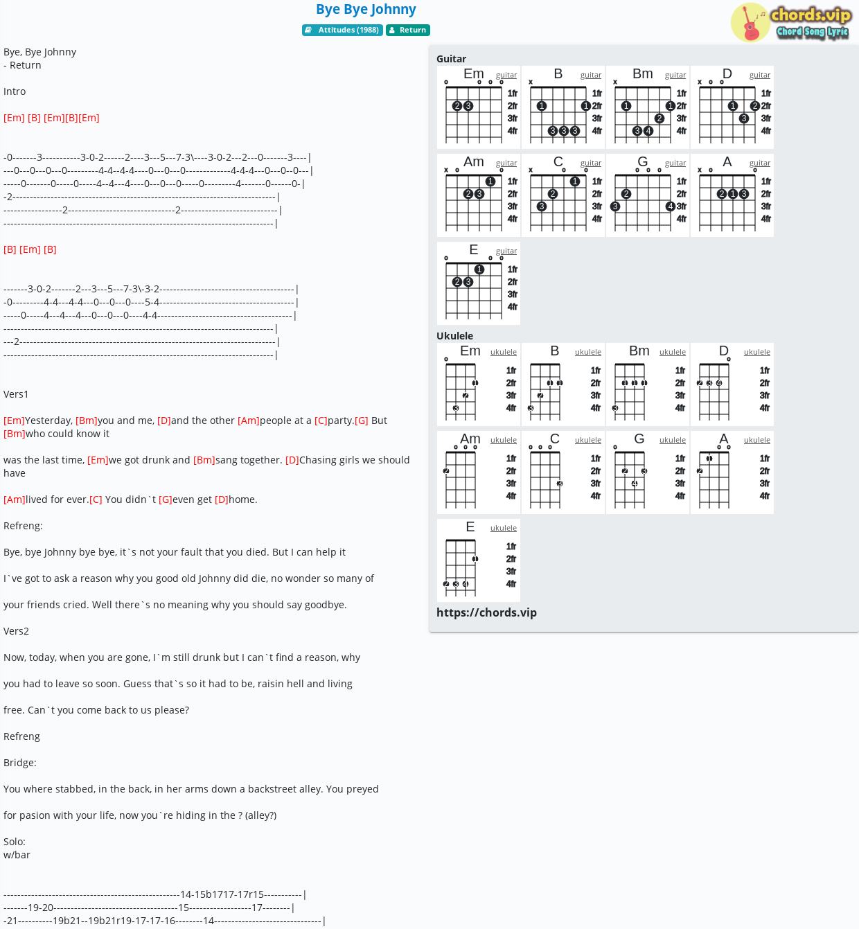 Chord Bye Bye Johnny Return Tab Song Lyric Sheet Guitar Ukulele Chords Vip