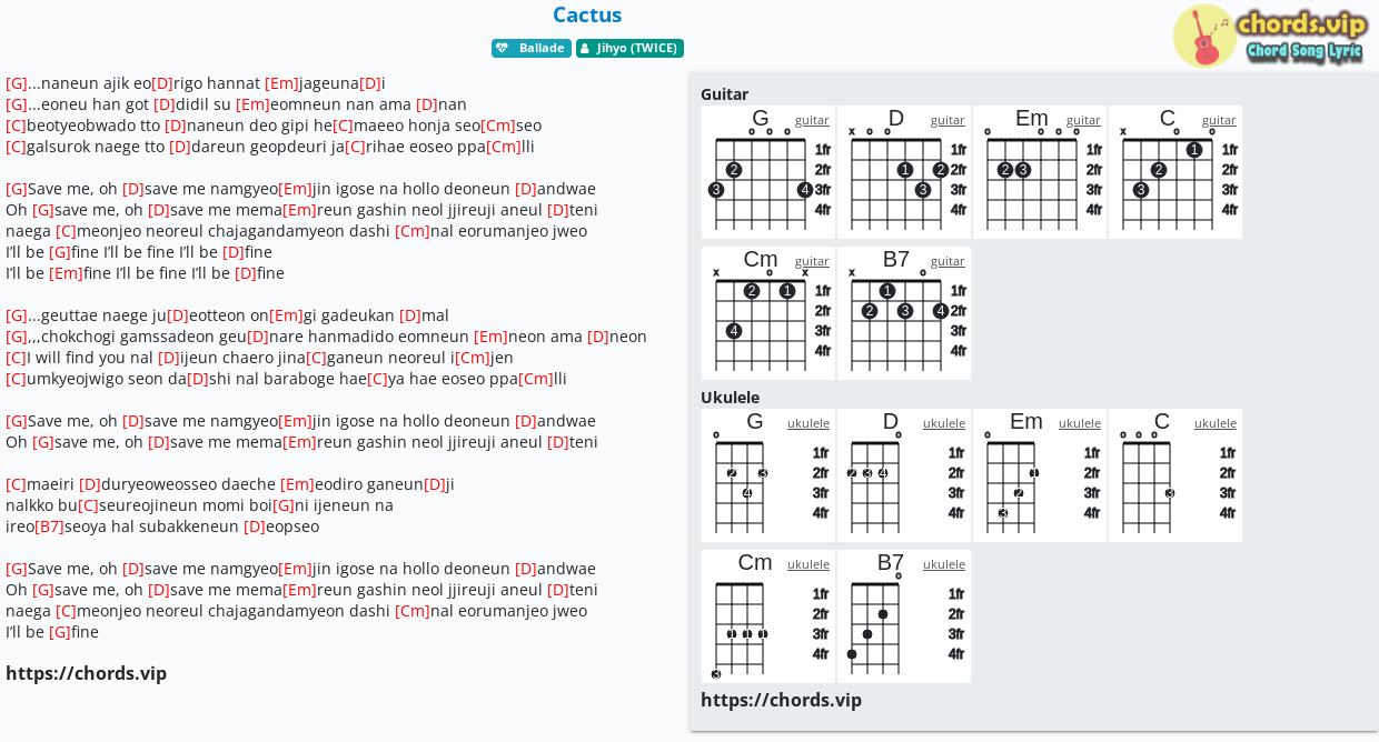 Chord Cactus Jihyo Twice Tab Song Lyric Sheet Guitar Ukulele Chords Vip