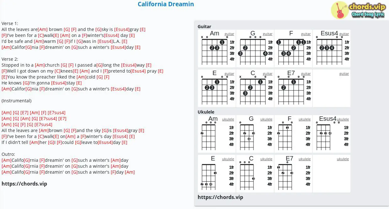 Chord: California Dreamin - tab, song lyric, sheet, guitar, ukulele chords....