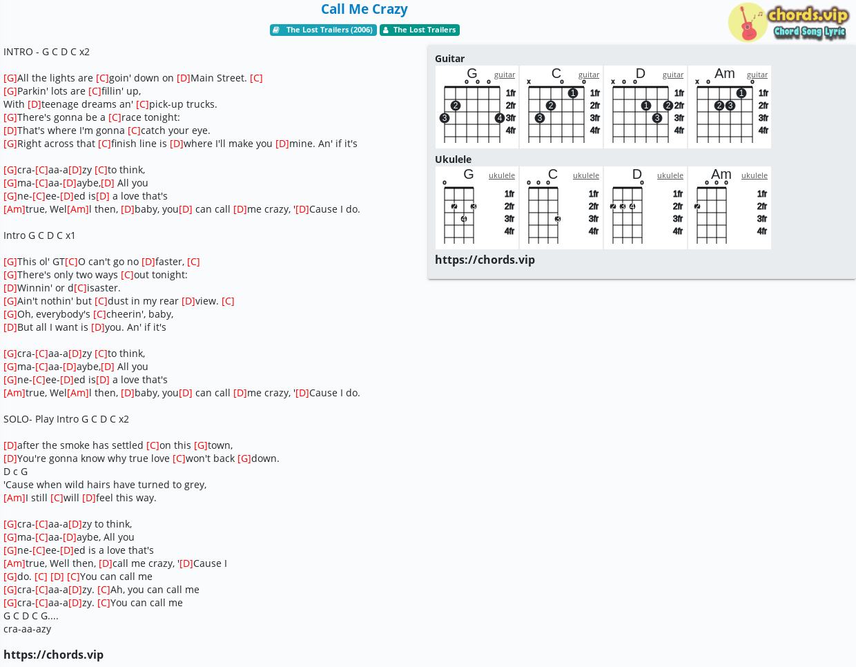 Chord Call Me Crazy The Lost Trailers Tab Song Lyric Sheet Guitar Ukulele Chords Vip