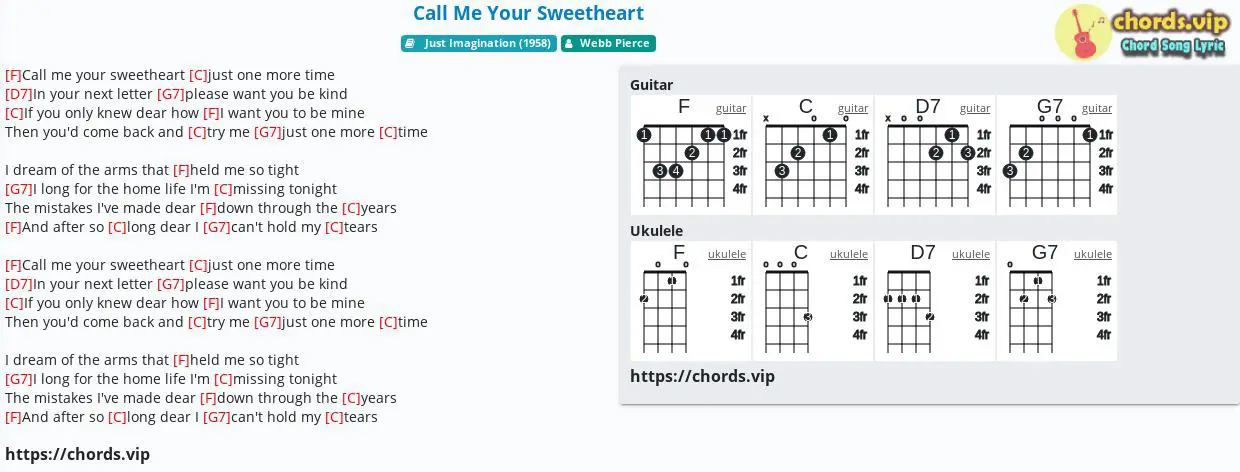 Chord Call Me Your Sweetheart Webb Pierce Tab Song Lyric Sheet Guitar Ukulele Chords Vip