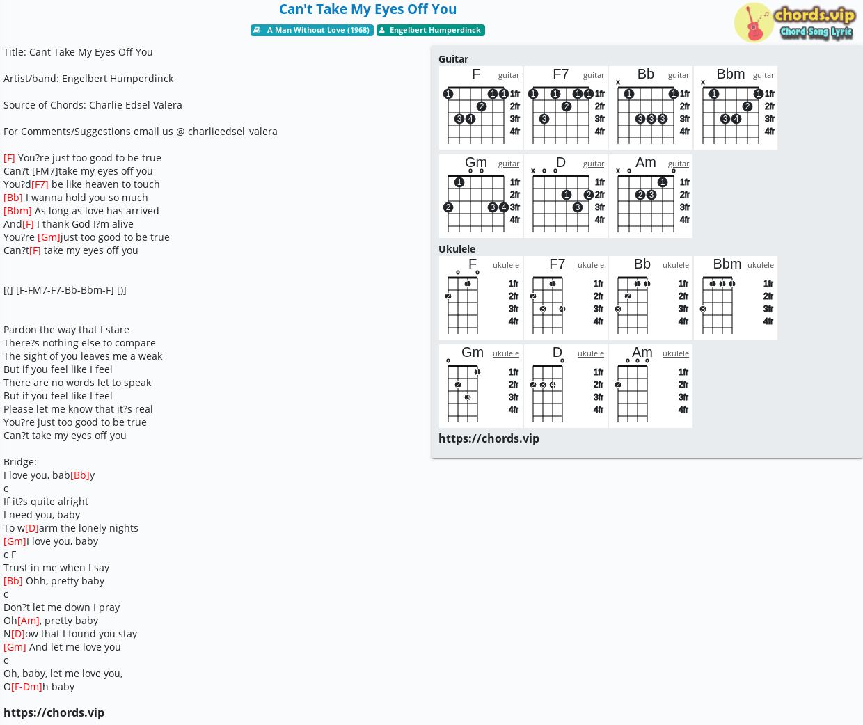 Chord Can T Take My Eyes Off You Engelbert Humperdinck Tab Song Lyric Sheet Guitar Ukulele Chords Vip