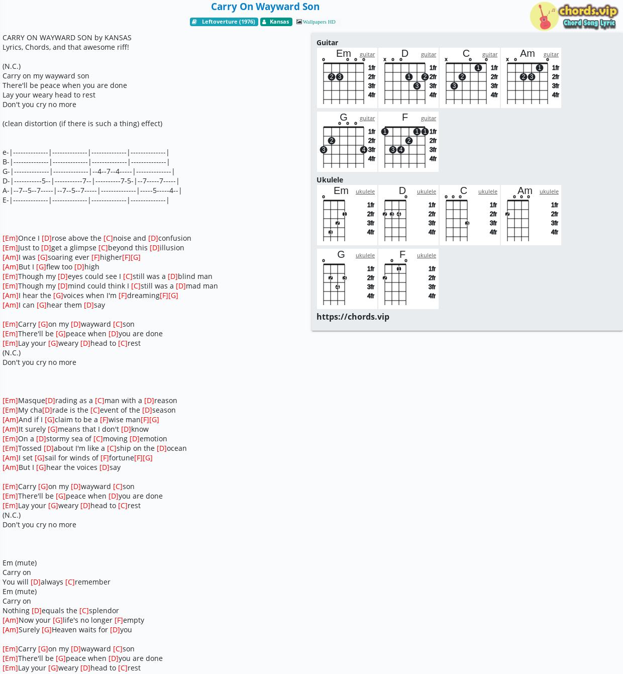 Chord Carry On Wayward Son Kansas Tab Song Lyric Sheet Guitar Ukulele Chords Vip