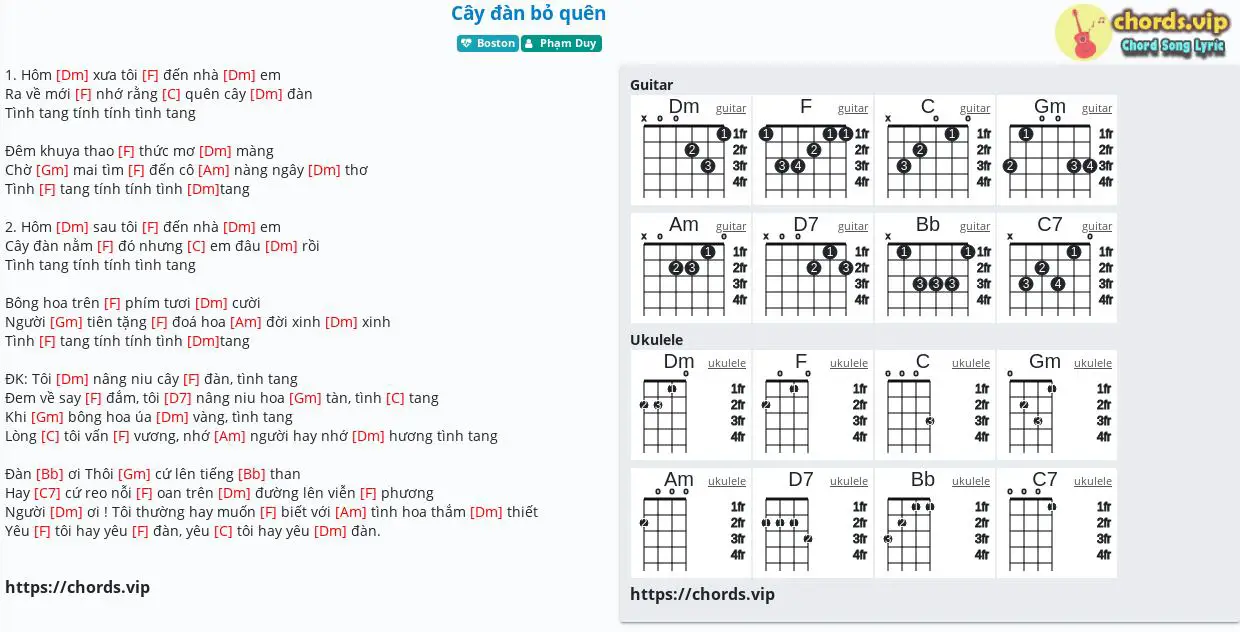 Hợp âm: Cây đàn bỏ quên - Phạm Duy - cảm âm, tab guitar, ukulele - lời bài hát | chords.vip