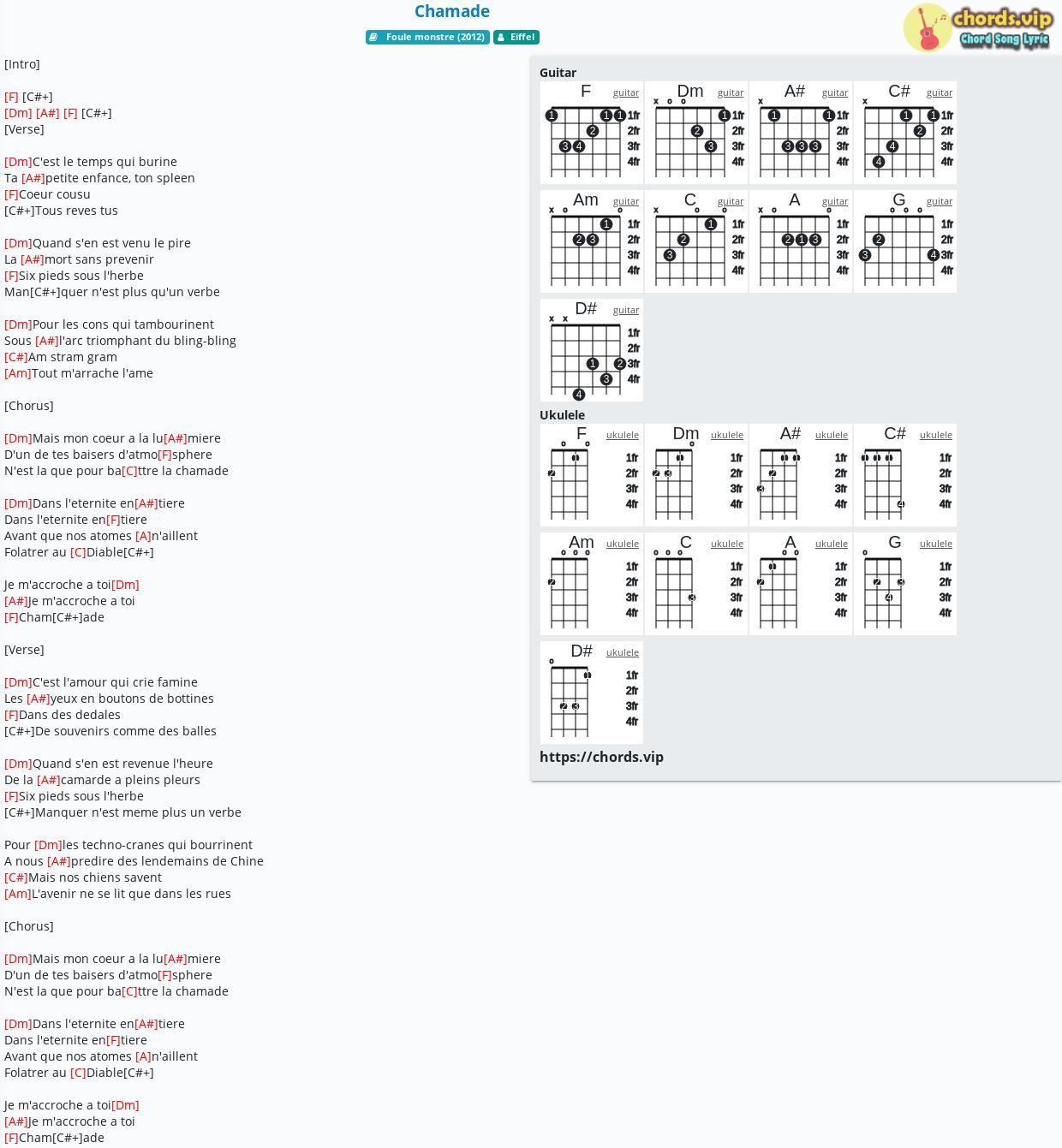 Chord Chamade Eiffel Tab Song Lyric Sheet Guitar Ukulele Chords Vip