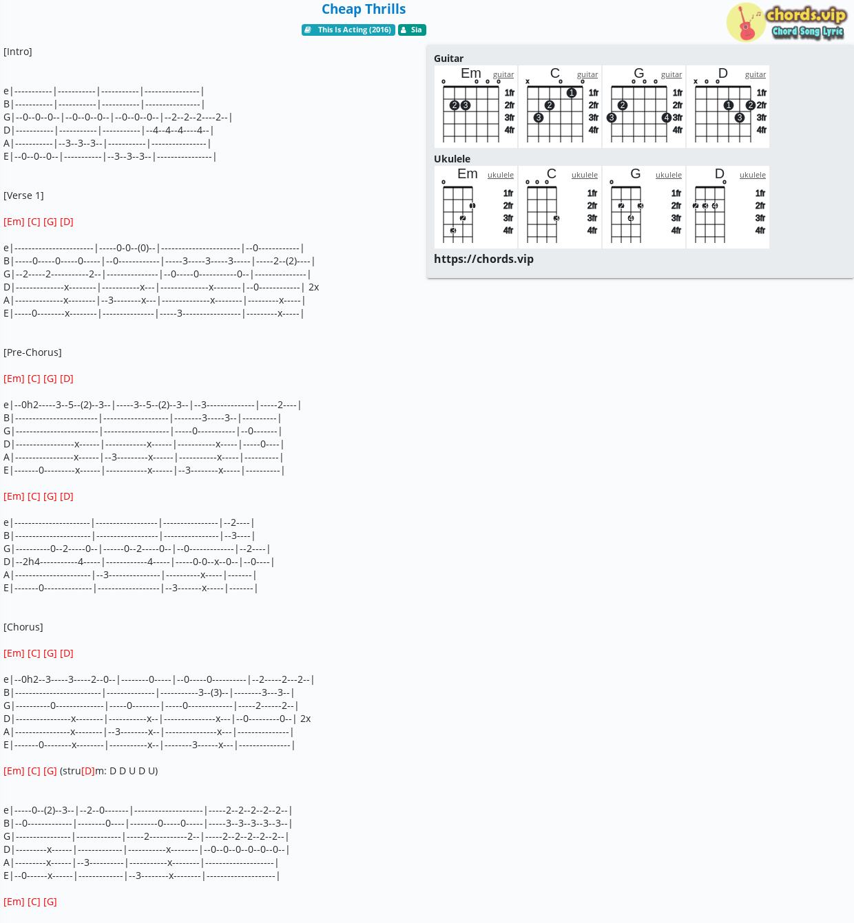 Chord Cheap Thrills Sia Tab Song Lyric Sheet Guitar Ukulele Chords Vip