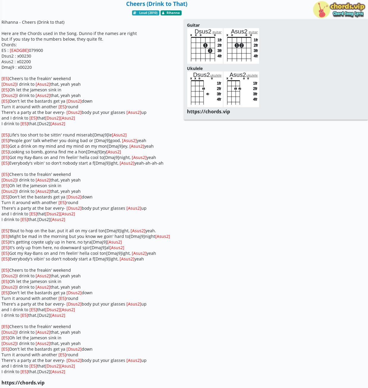 Chord Cheers Drink To That Rihanna Tab Song Lyric Sheet Guitar Ukulele Chords Vip