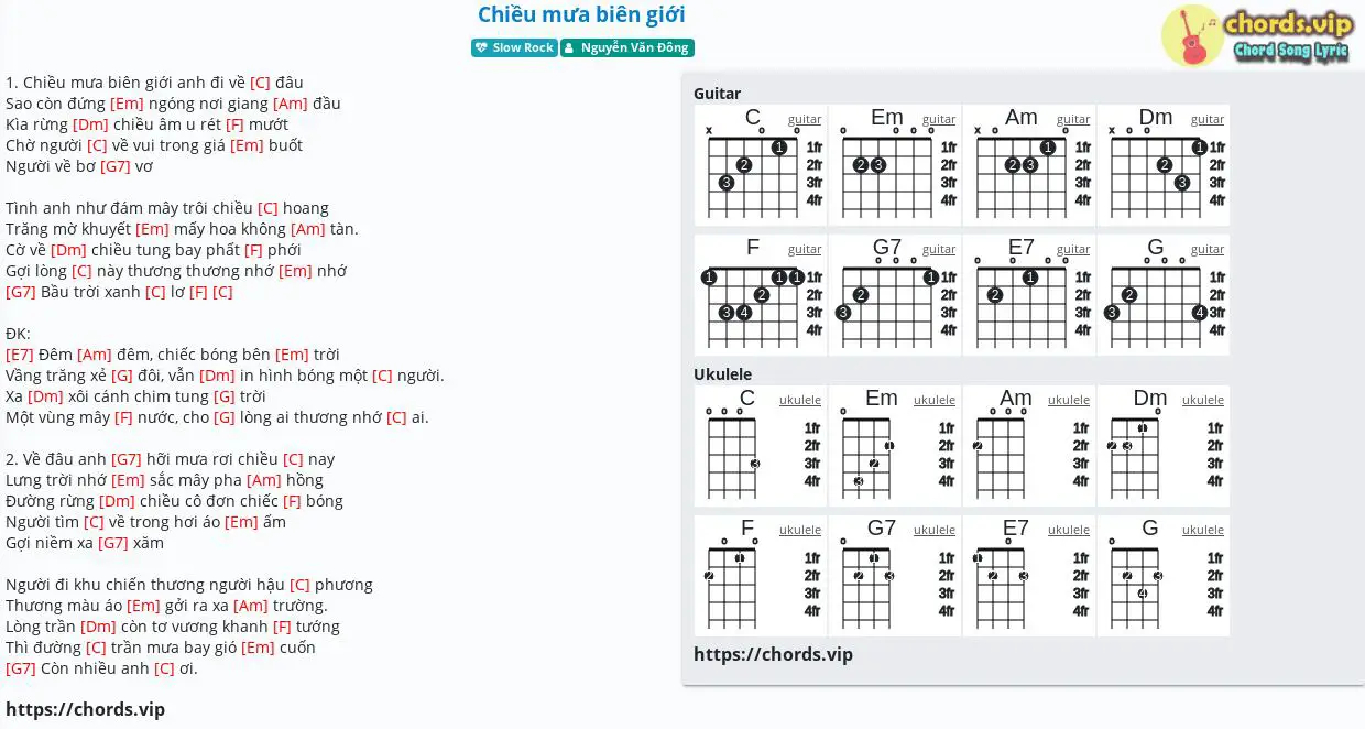 Hợp âm: Chiều mưa biên giới - Nguyễn Văn Đông - cảm âm, tab guitar, ukulele - lời bài hát | chords.vip