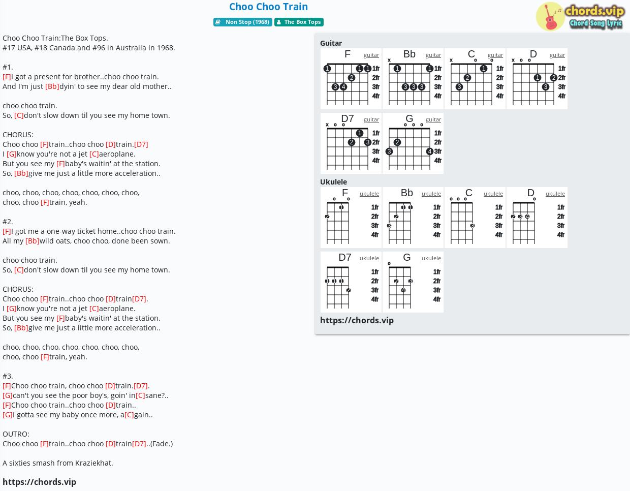 Chord Choo Choo Train The Box Tops Tab Song Lyric Sheet Guitar Ukulele Chords Vip