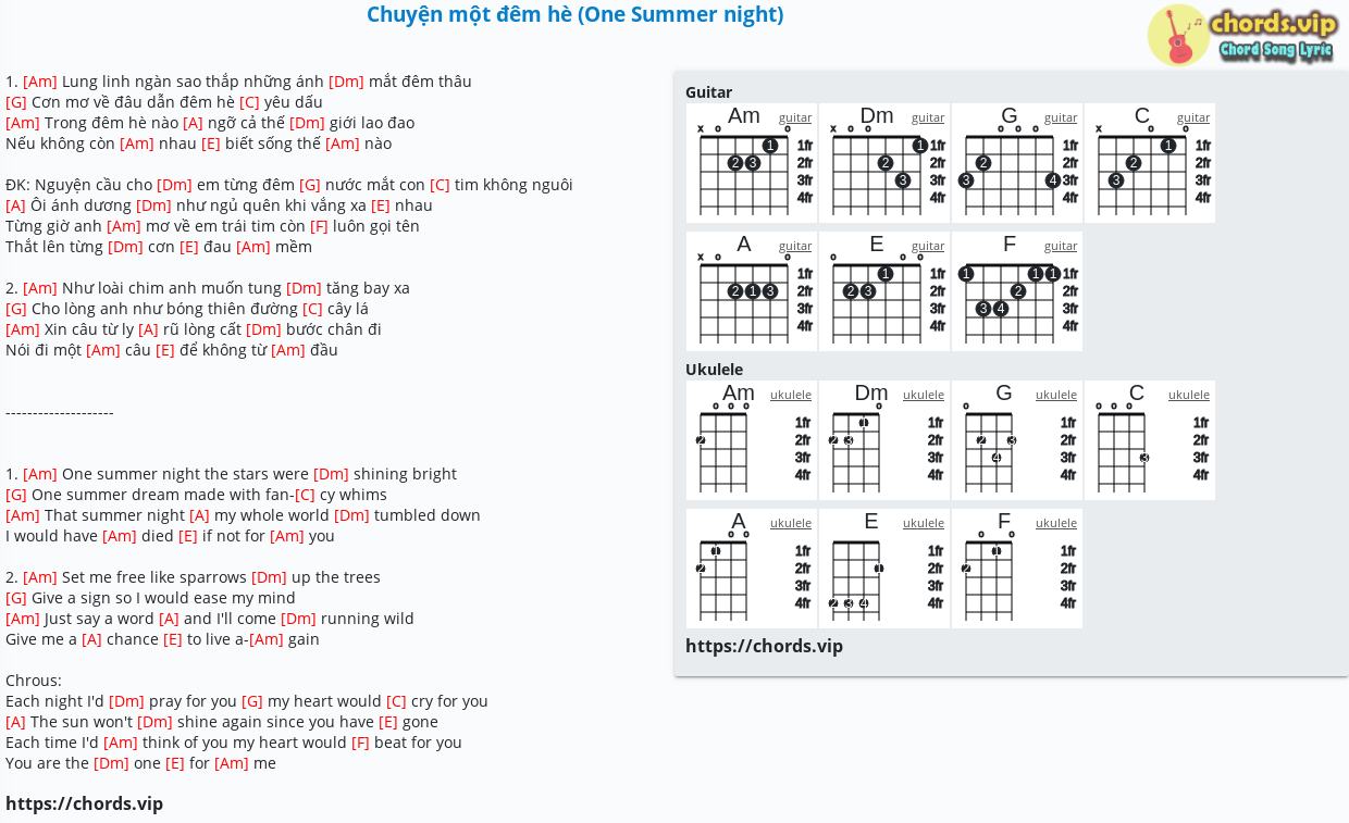 Chord Chuyện Một đem He One Summer Night Nhạc Ngoại Ha Quang Minh Tab Song Lyric Sheet Guitar Ukulele Chords Vip