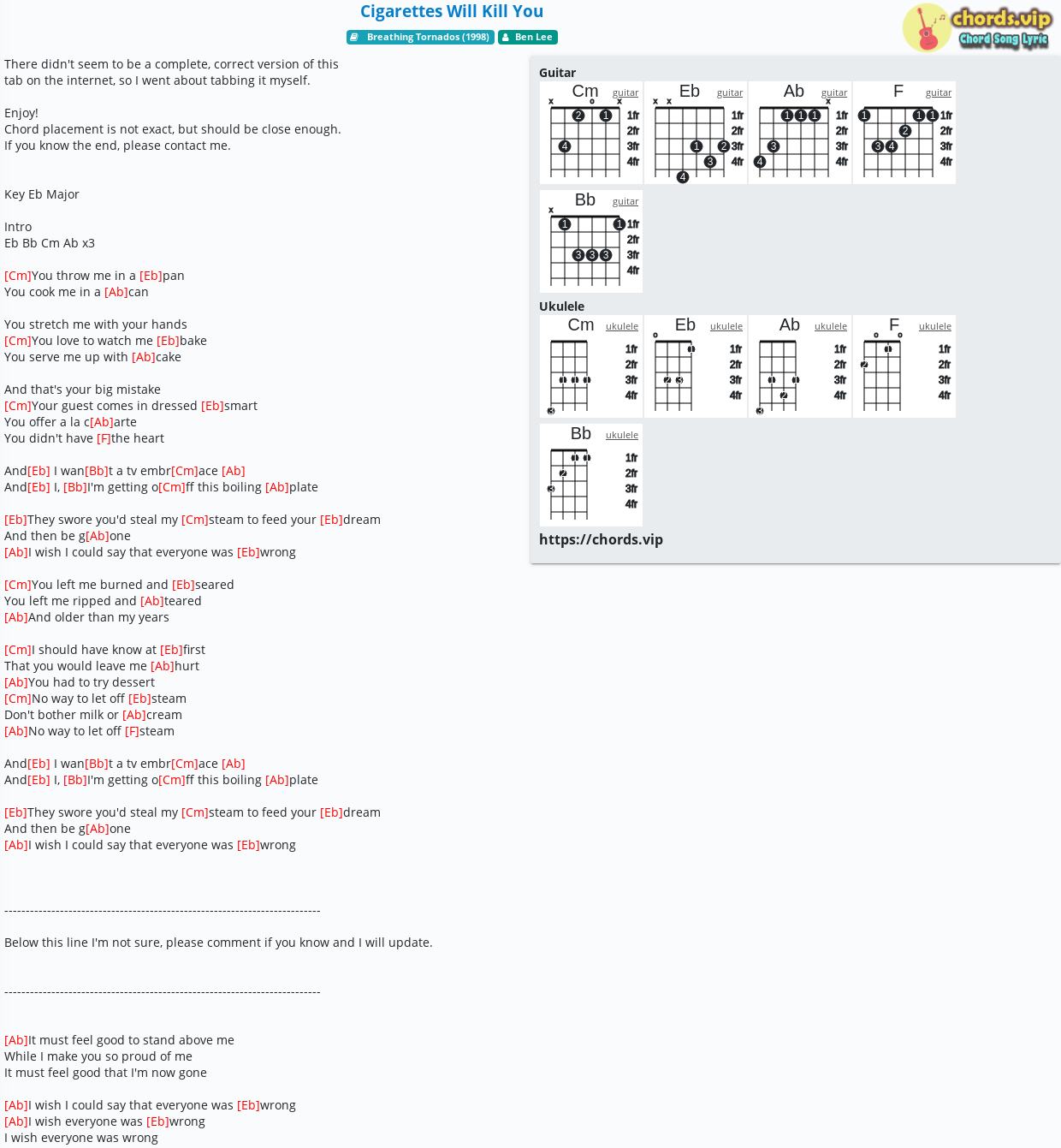 Chord Cigarettes Will Kill You Ben Lee Tab Song Lyric Sheet Guitar Ukulele Chords...