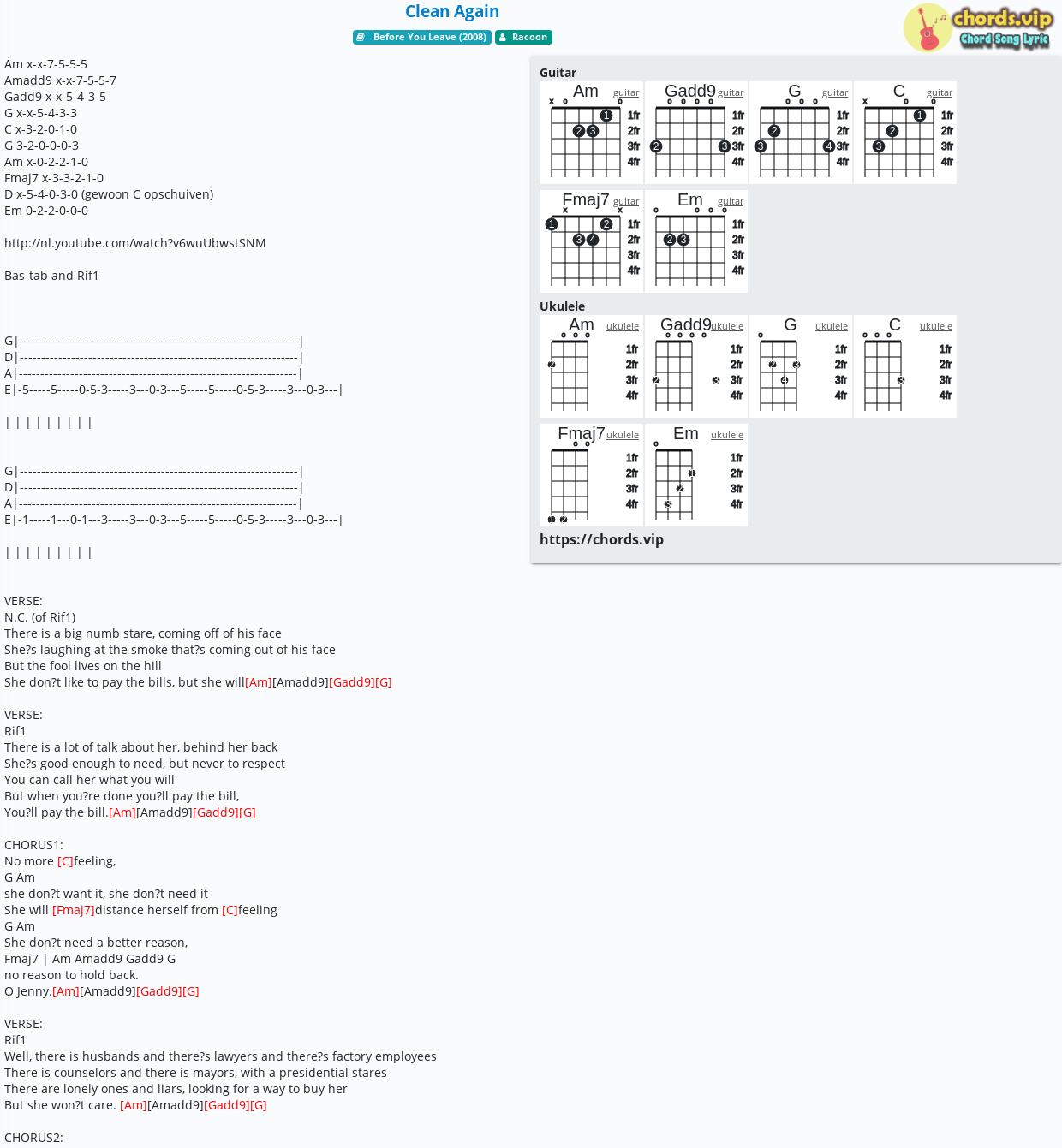 Chord Clean Again Racoon Tab Song Lyric Sheet Guitar Ukulele Chords Vip