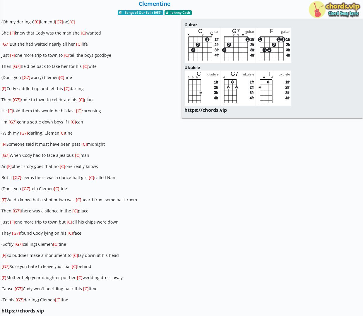 Chord Clementine Johnny Cash Tab Song Lyric Sheet Guitar Ukulele Chords Vip