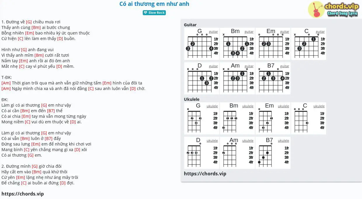 Hợp âm: Có ai thương em như anh - Bùi Công Nam,Touliver - cảm âm, tab guitar, ukulele - lời bài hát | chords.vip