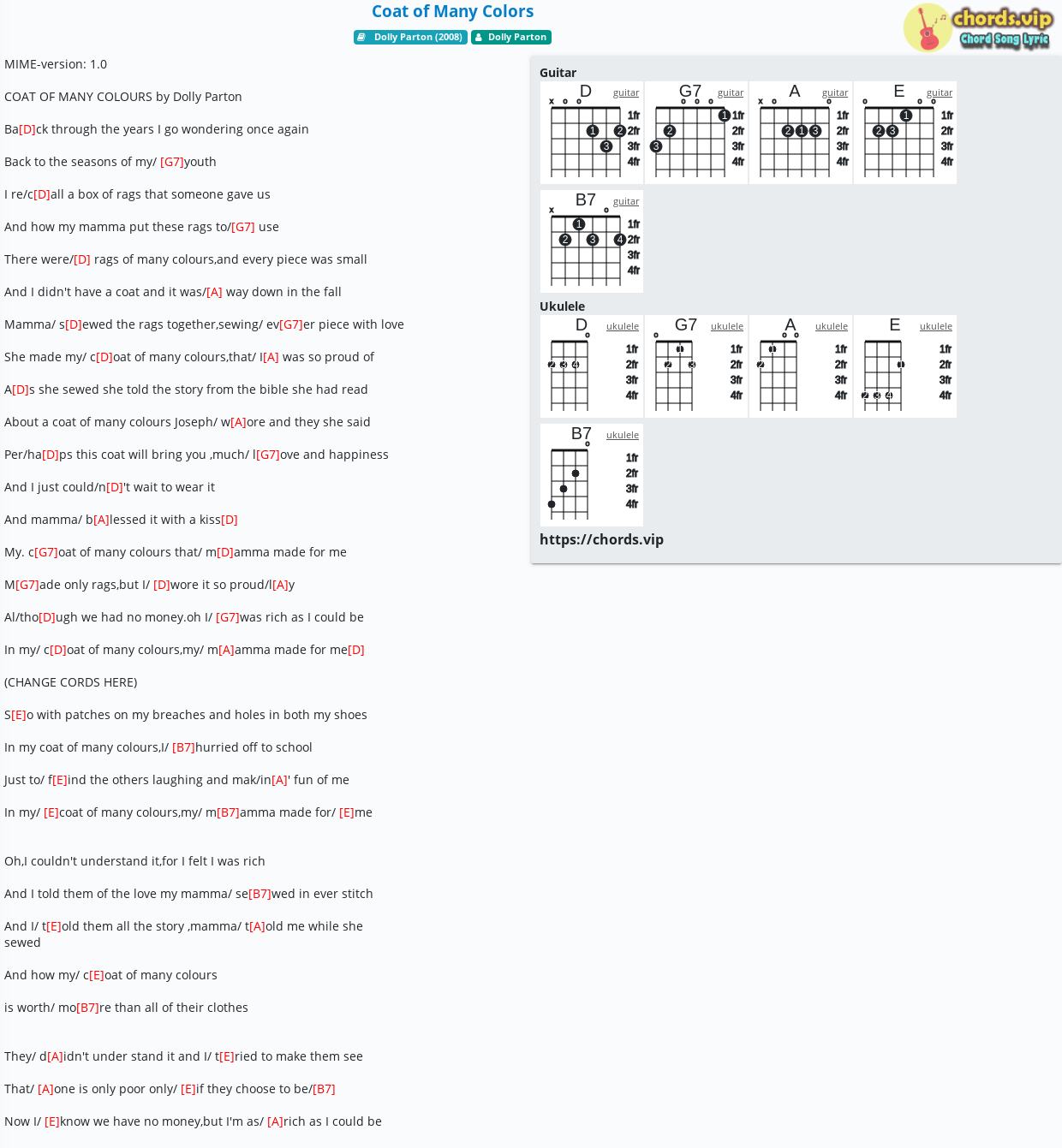 Agurk tvetydigheden shuffle Chord: Coat of Many Colors - Dolly Parton - tab, song lyric, sheet, guitar,  ukulele | chords.vip