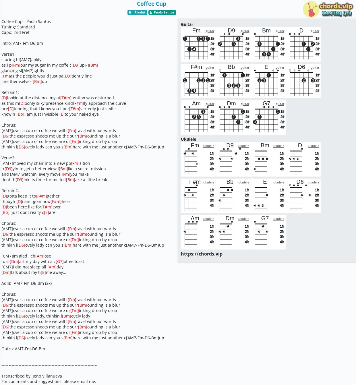 Chord Coffee Cup Noel Cabangon Paolo Santos Tab Song Lyric Sheet Guitar Ukulele Chords Vip