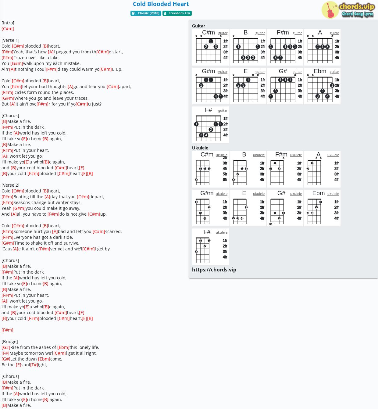 Chord Cold Blooded Heart Freedom Fry Tab Song Lyric Sheet Guitar Ukulele Chords Vip