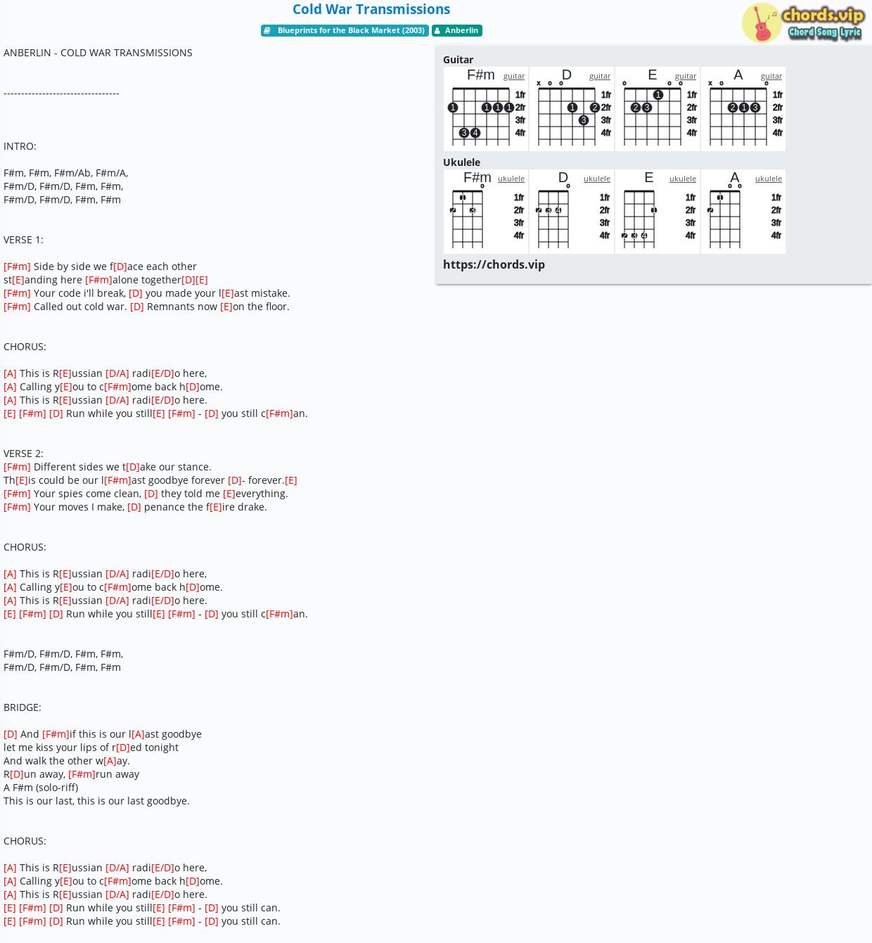 Chord Cold War Transmissions Anberlin Tab Song Lyric Sheet Guitar Ukulele Chords Vip