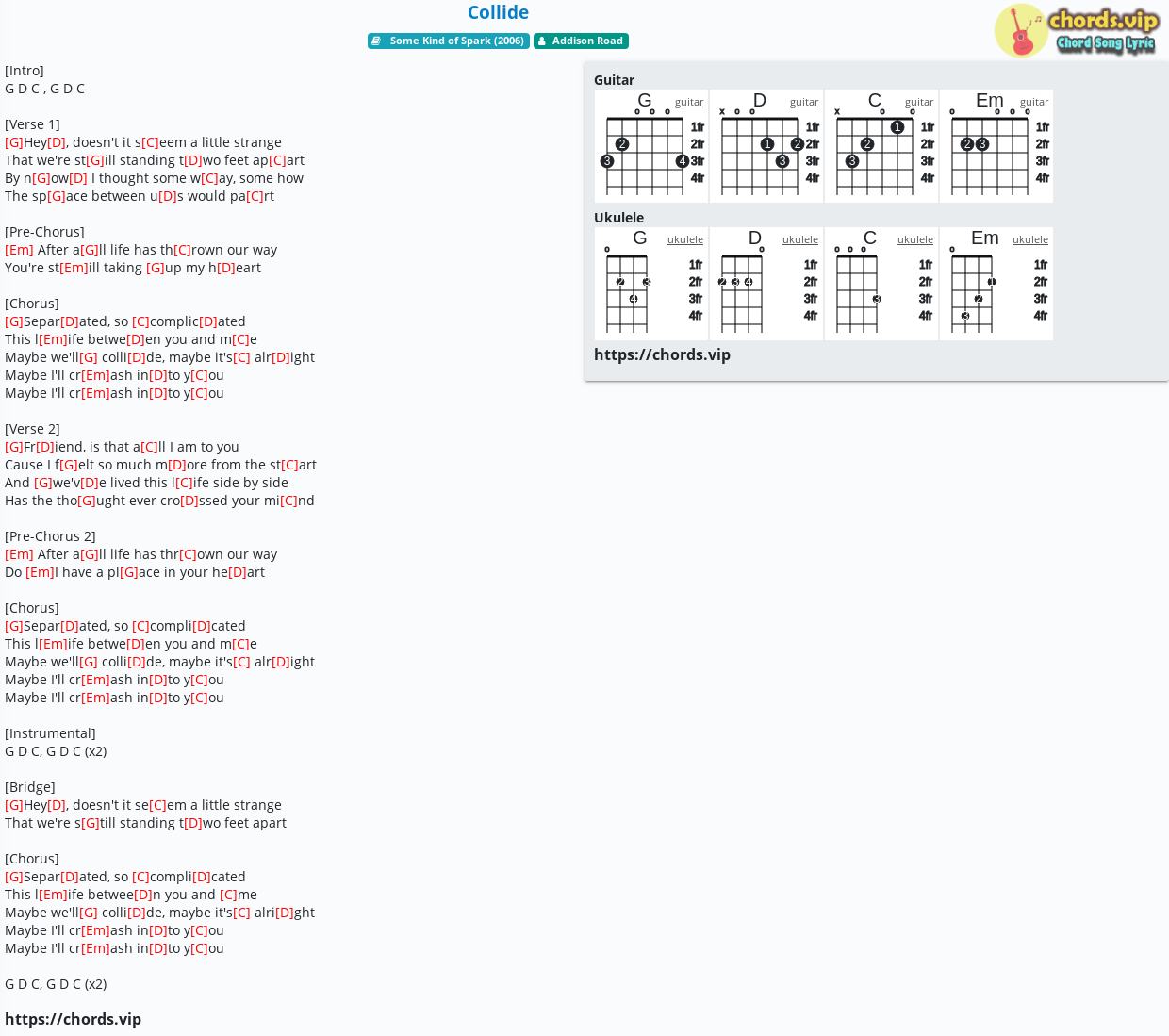 Chord Collide Addison Road Tab Song Lyric Sheet Guitar Ukulele Chords Vip