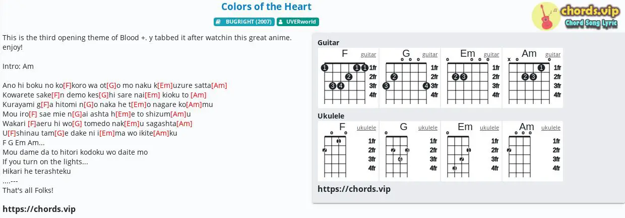 Chord Colors Of The Heart Uverworld Tab Song Lyric Sheet Guitar Ukulele Chords Vip