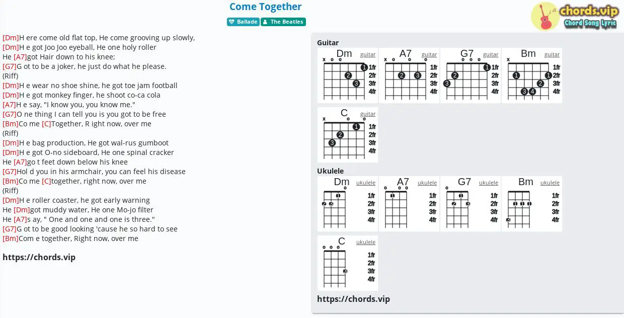 Tag telefonen pilot Uplifted Chord: Come Together - The Beatles - tab, song lyric, sheet, guitar, ukulele  | chords.vip