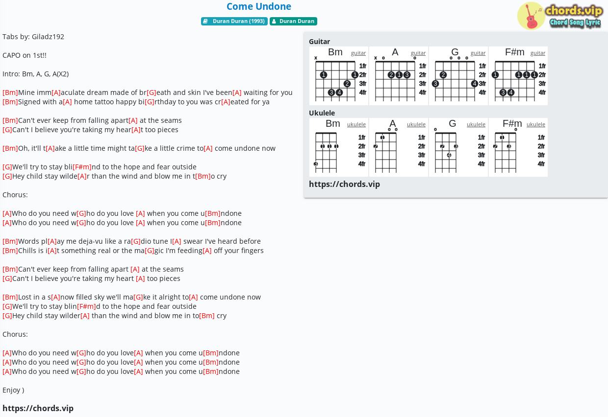 Chord Come Undone Duran Duran Tab Song Lyric Sheet Guitar Ukulele Chords Vip