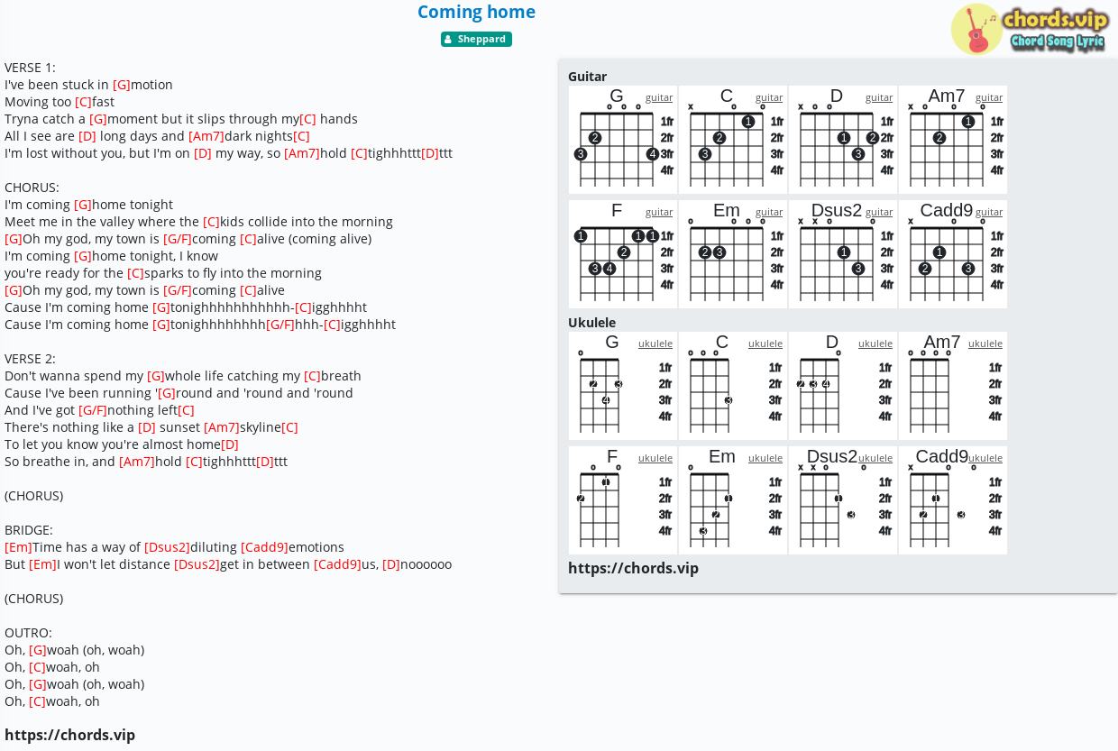 Chord: Coming home Sheppard - tab, song sheet, guitar, ukulele | chords.vip